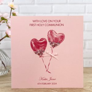 Handmade First Holy Communion Card Pink Balloons Square Card
