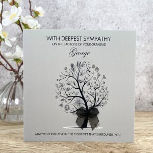 Handmade Personalised Sympathy Card Grey Floral Tree Square Size
