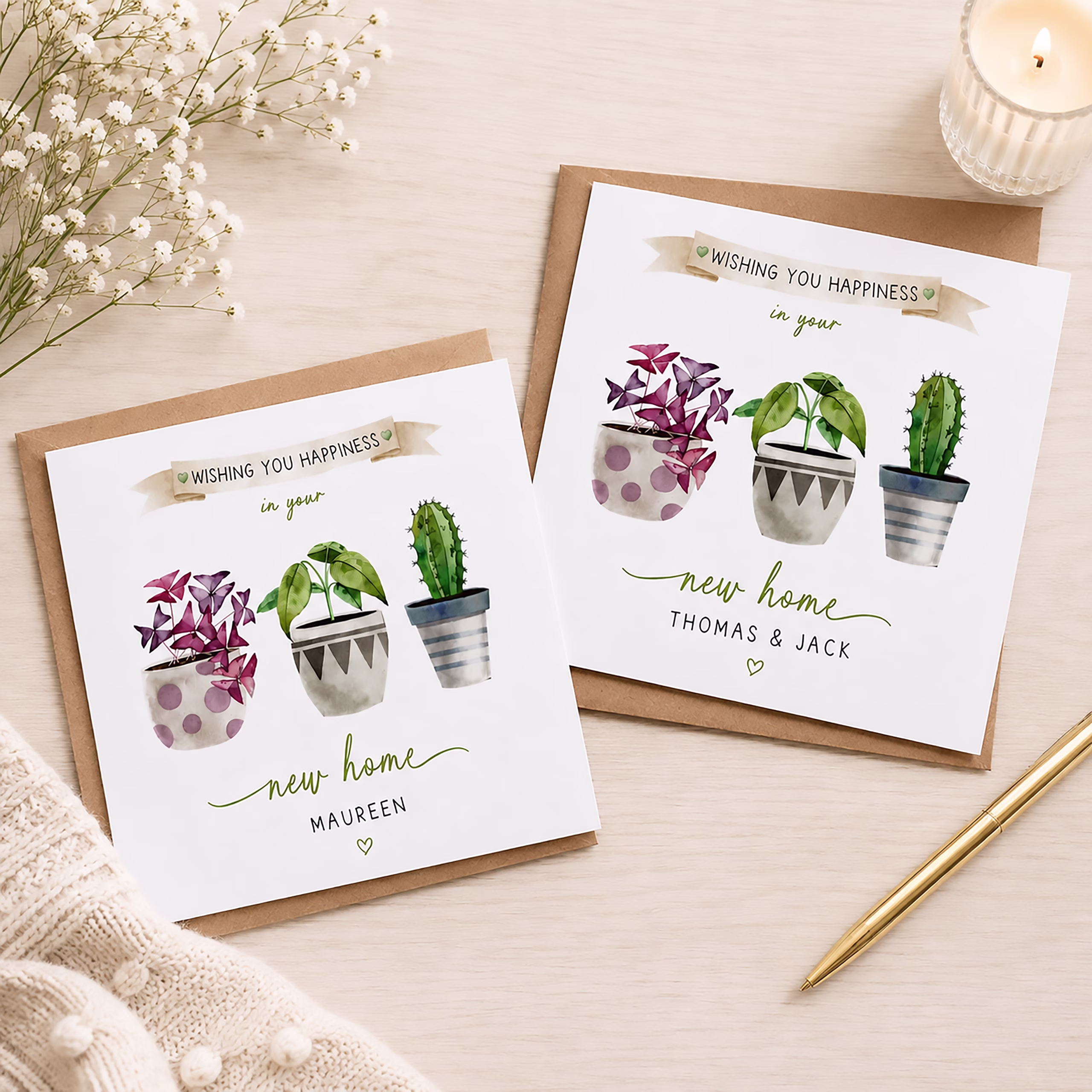 Square new home card featuring watercolour houseplants, a happiness banner and personalised recipient wording.