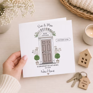 New home congratulations card with a personalised house number, street name and illustrated front door.