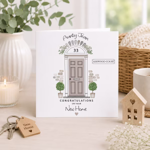 Personalised new home card featuring a front door with house number 33, potted trees and Aunty Jean above the design.
