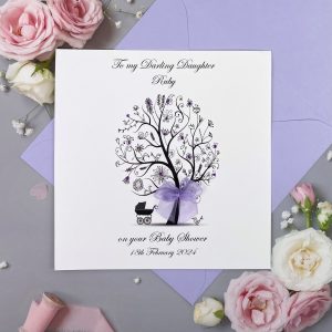 Handmade Baby Shower Tree with Purple Pram Square Card