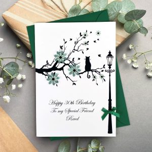 Handmade Birthday Card Green Flowers Cat in Branch A5 Cards
