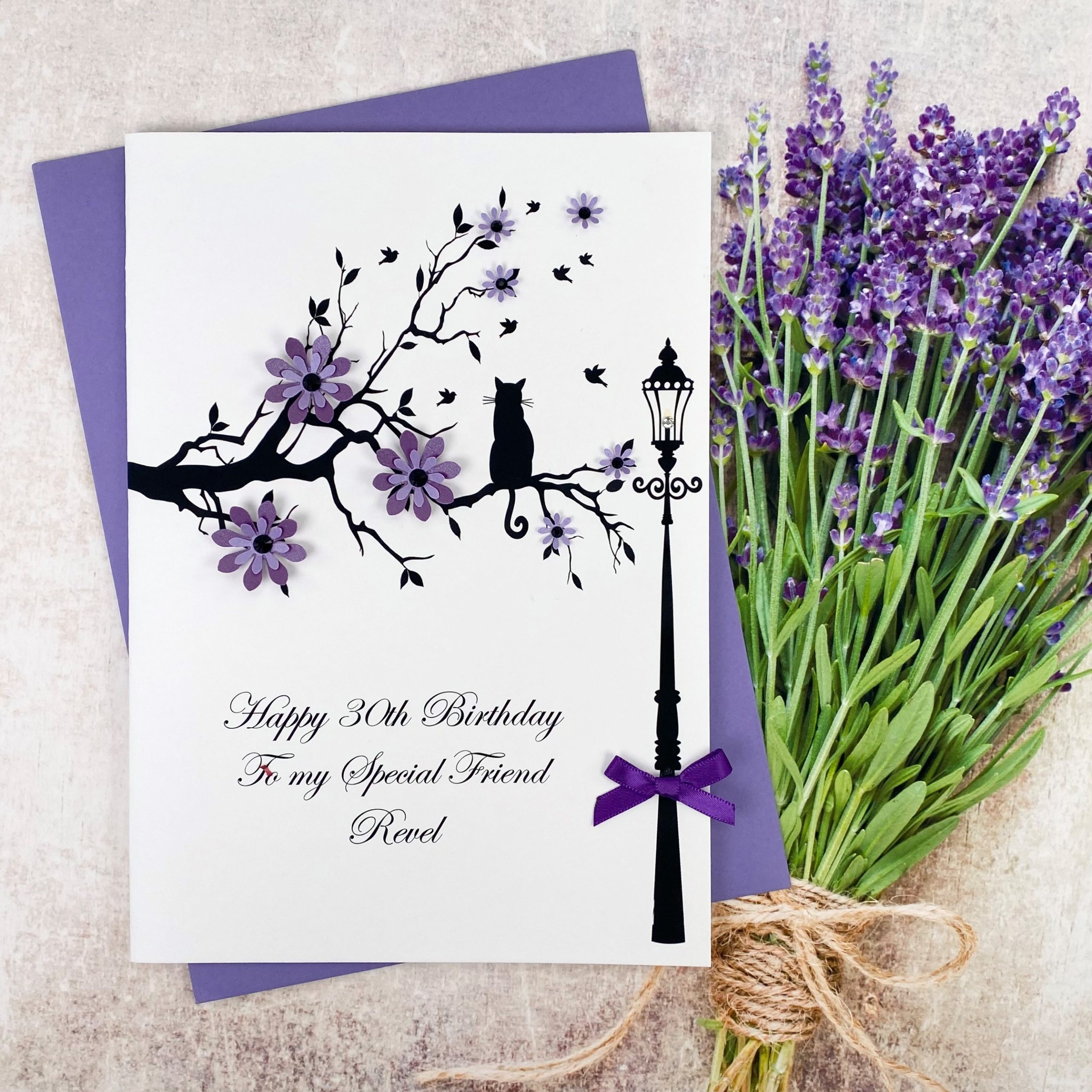 Handmade Birthday Card Purple Cat in tree A5 Large Card