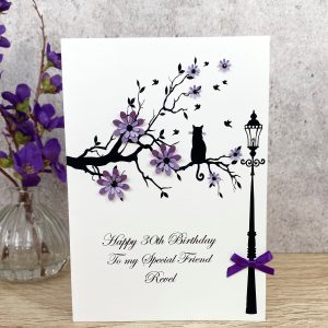Handmade Birthday Card Purple Cat in tree with vintage lamp post A5 Large Card