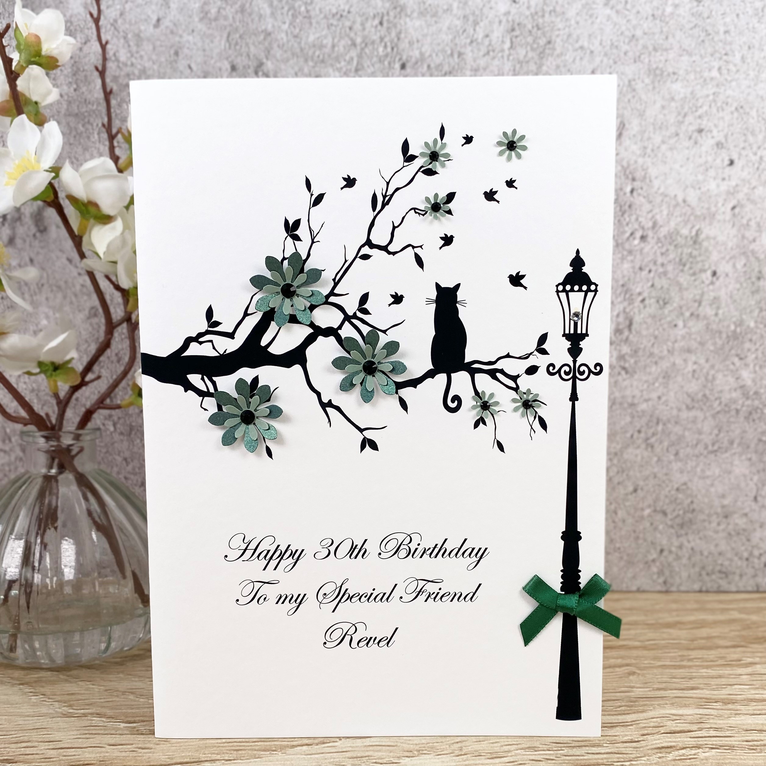 Handmade Birthday Cards Green Flowers Cat in Branch A5 Cards