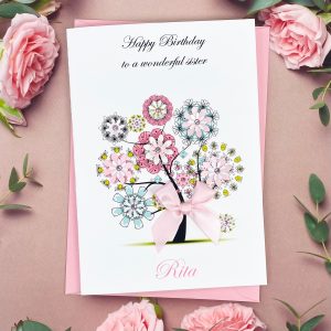 Personalised Birthday Card Tree with Pink Flowers A5 Card