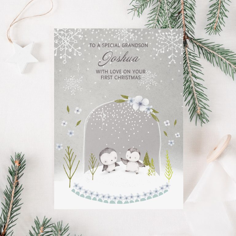Handmade 1st Christmas Card ‘Penguin Snow Globe’