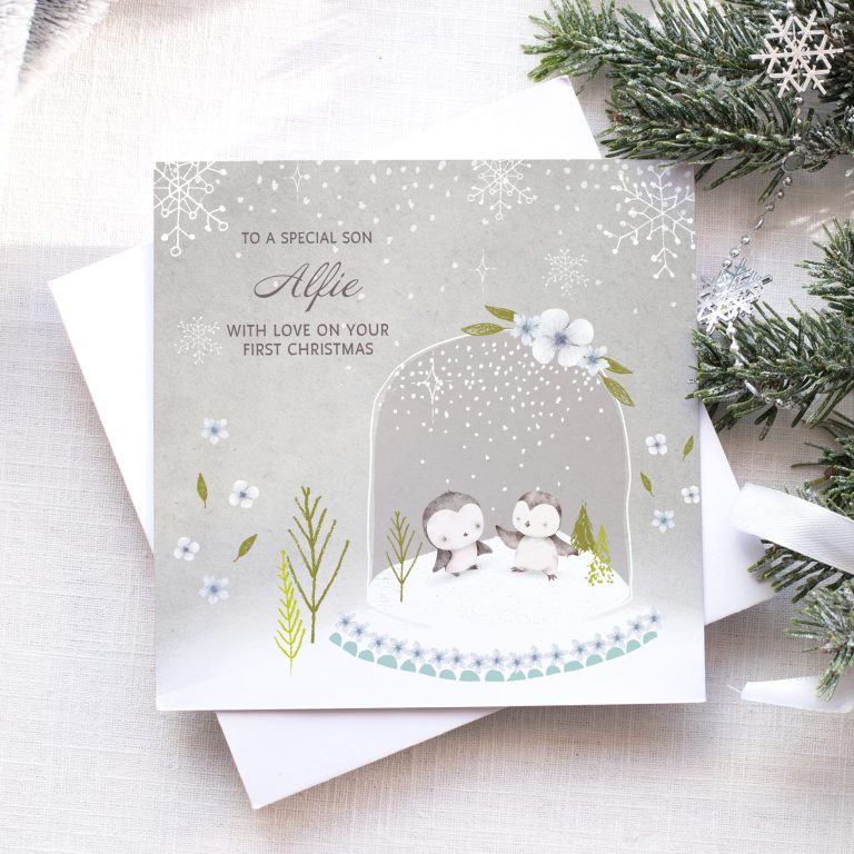 Handmade 1st Christmas Card ‘Penguin Snow Globe’