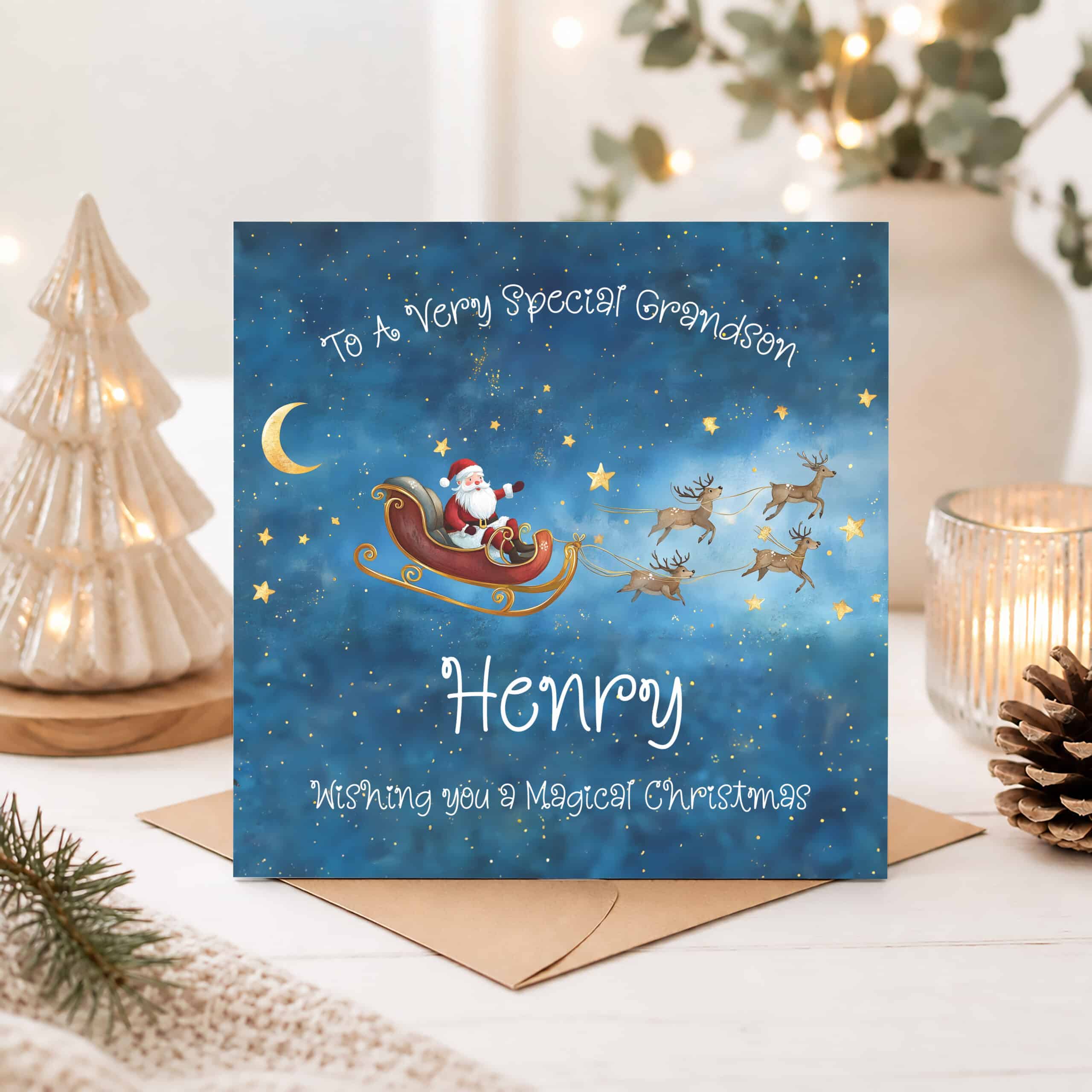 Personalised children's Christmas card with Santa and reindeer