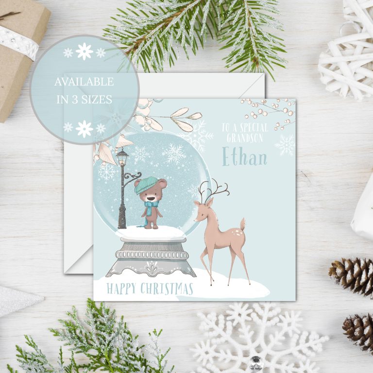 Personalised Christmas Card ‘Teddy Snow Globe’