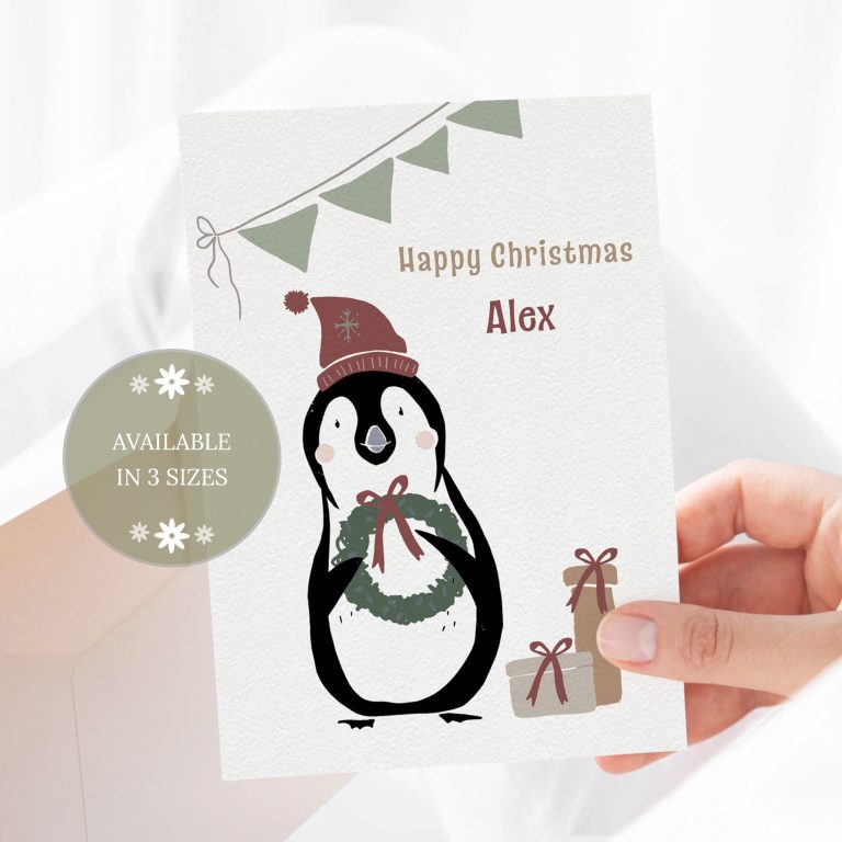 Personalised Christmas Card ‘Penguin Wreath’
