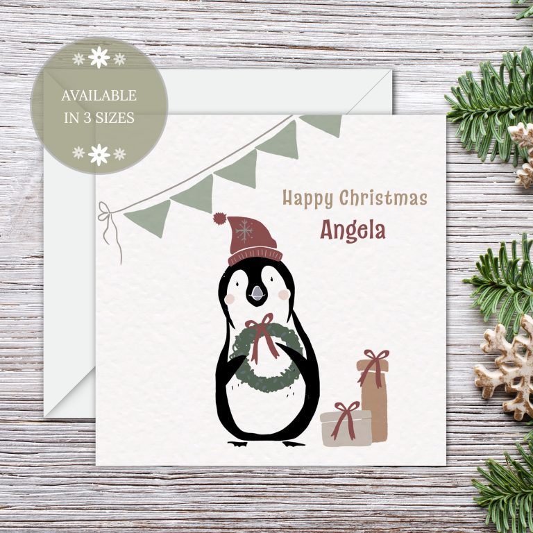 Personalised Christmas Card ‘Penguin Wreath’