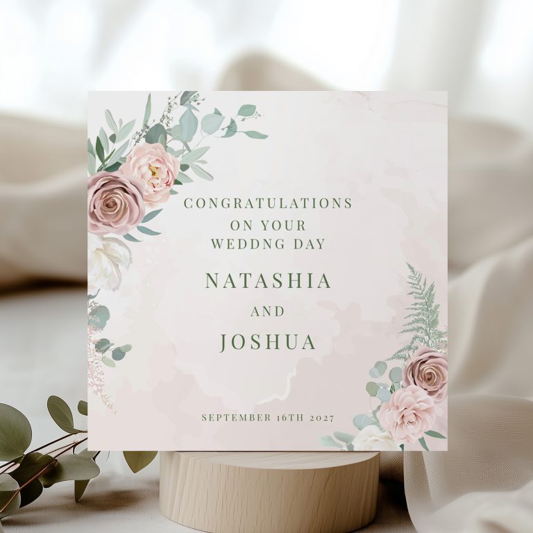 Handmade Personalised Wedding Card ‘Rose Florals’