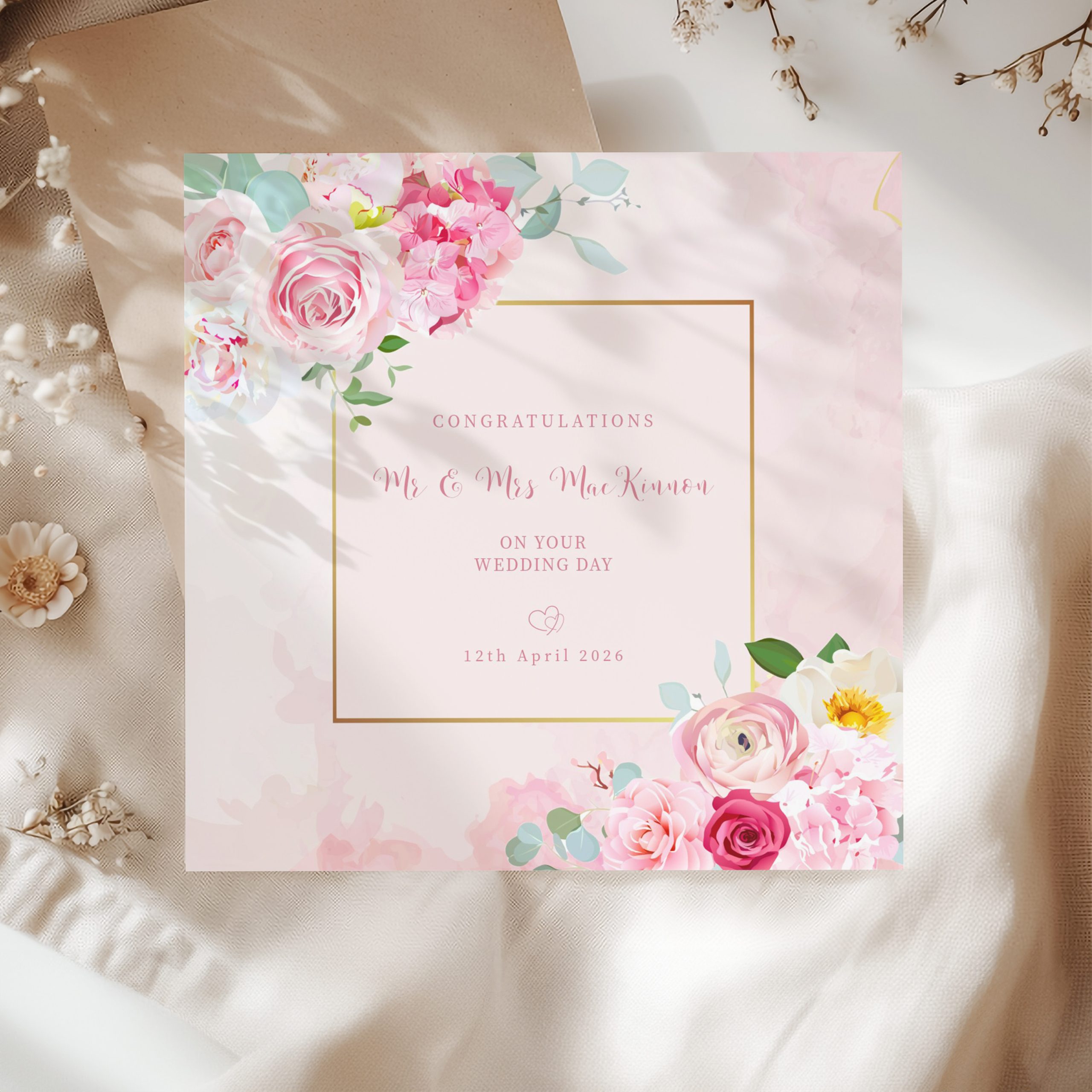 Personalised Pink Floral Wedding Card