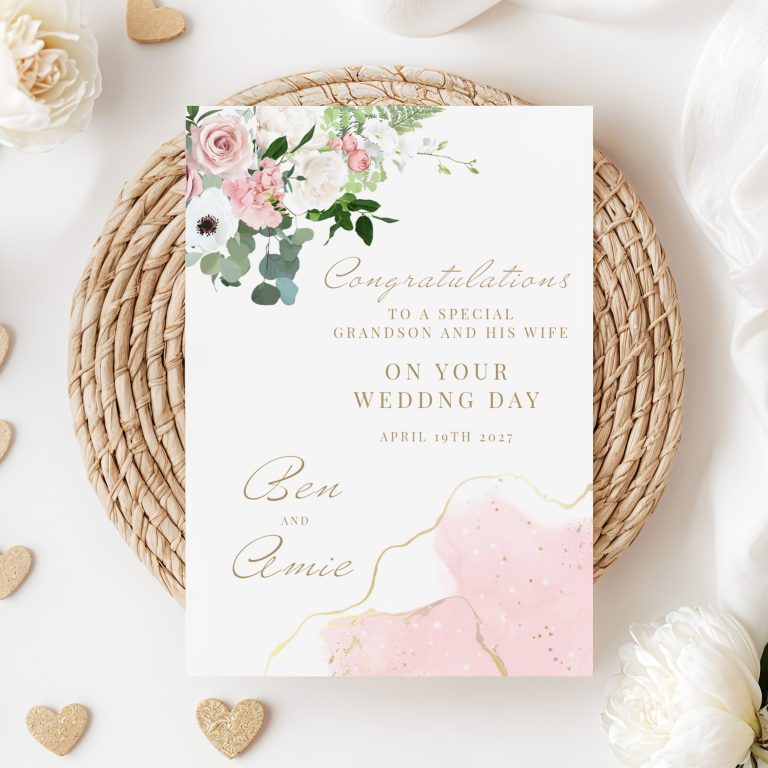 Handmade Personalised Wedding Card ‘Pink Marble’