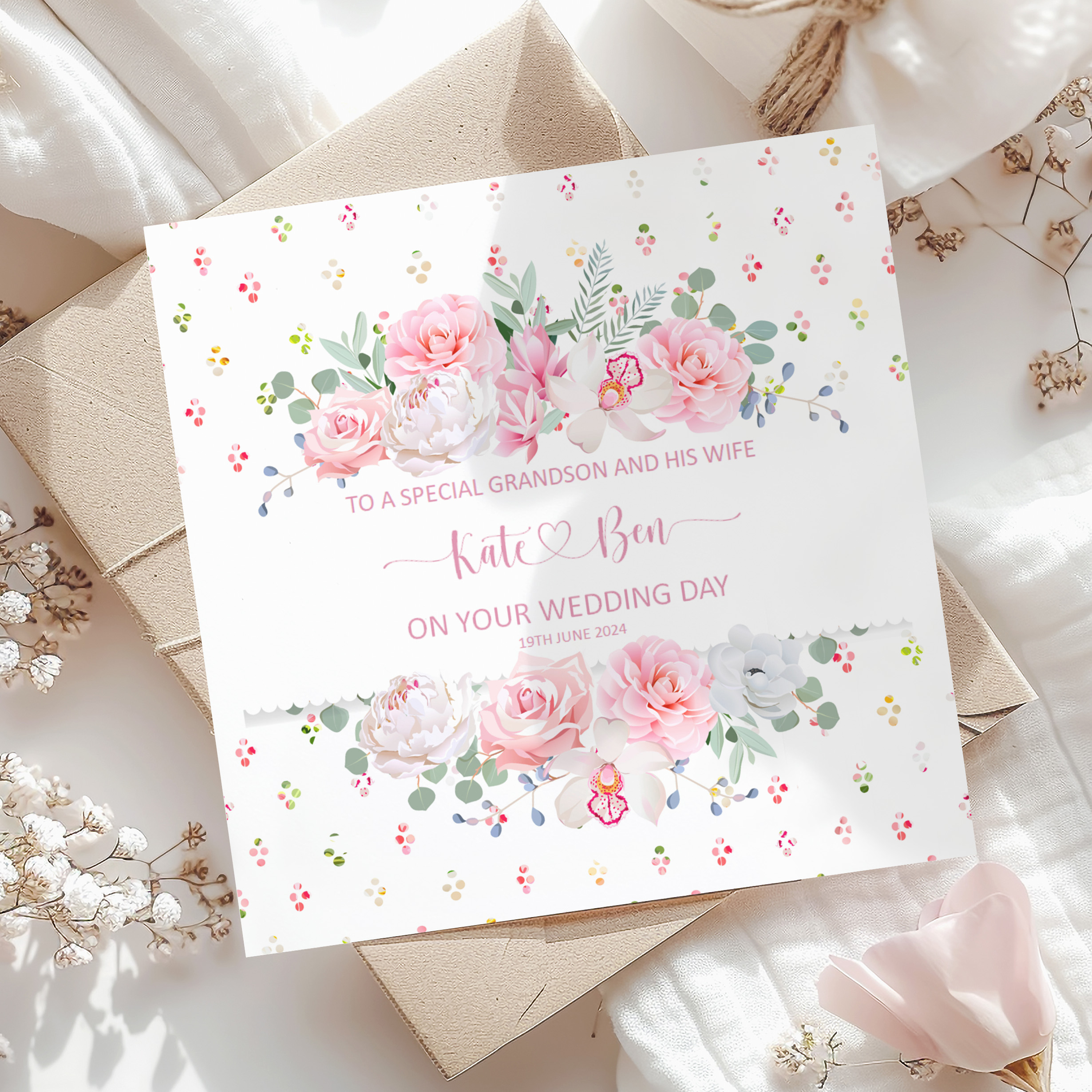 Personalised Pink Floral Wedding Card