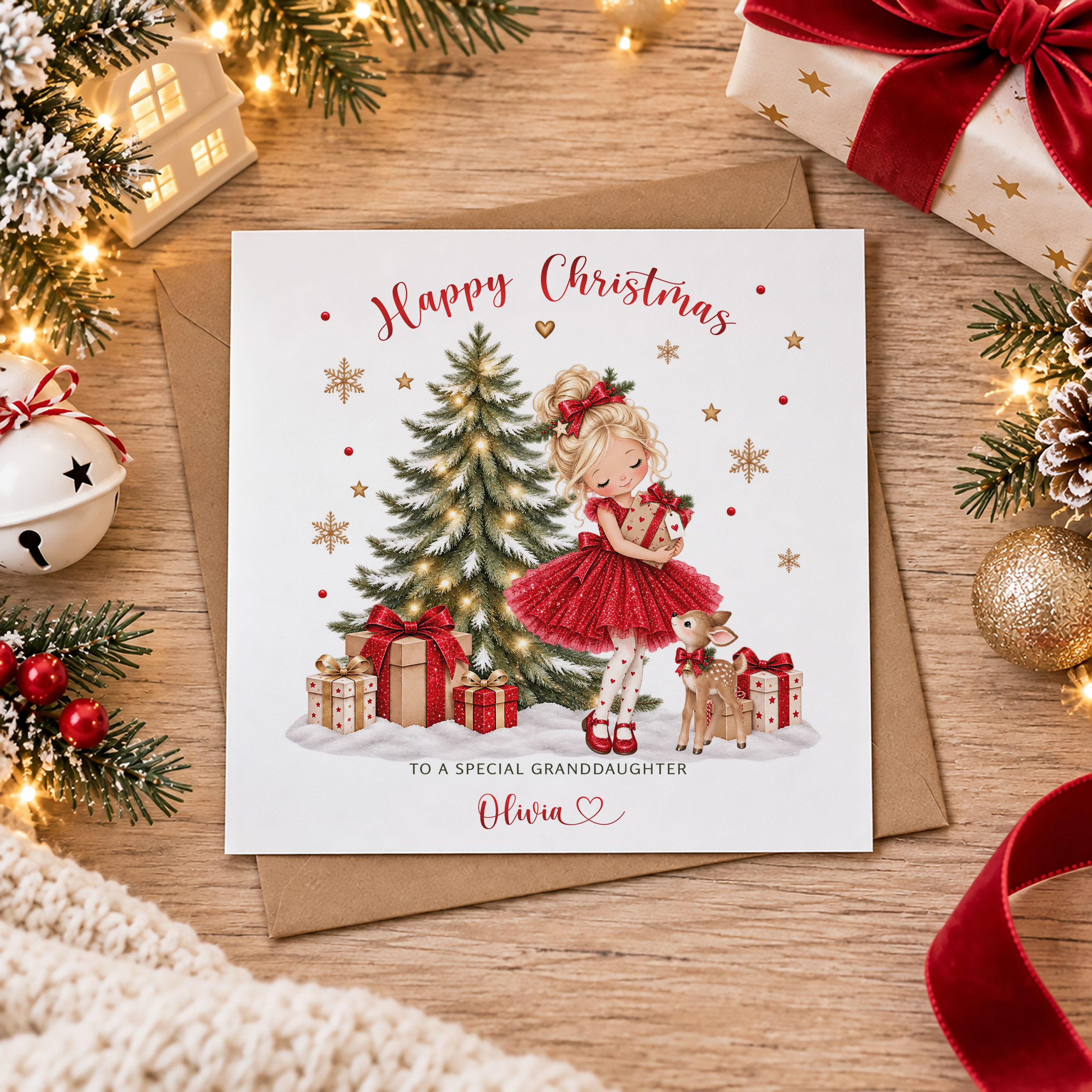 Personalised Christmas card with red dress girl, reindeer and festive Christmas presents