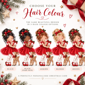 Personalised Christmas card hair colour options including black, auburn, blonde and brown hair