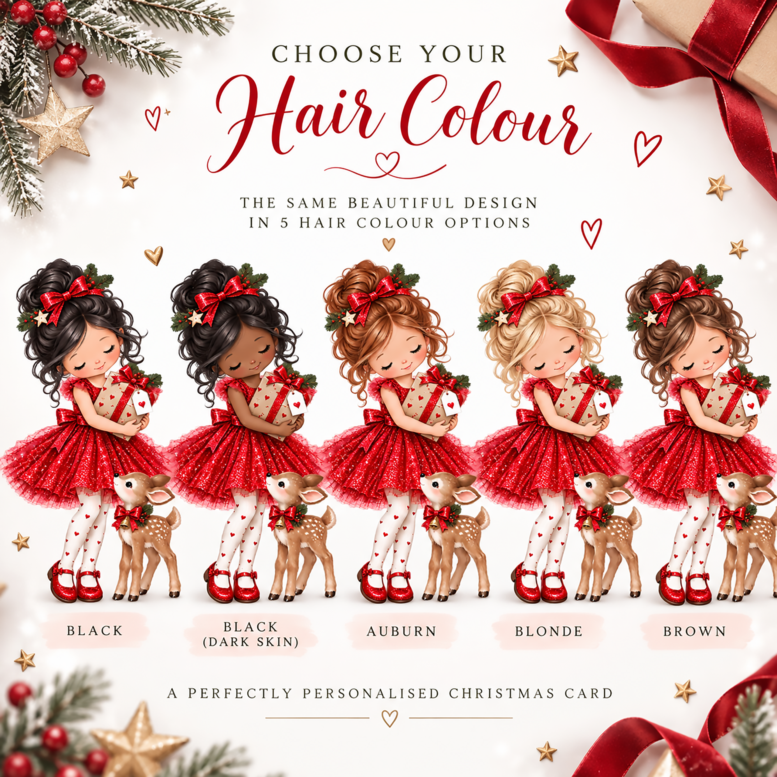 Personalised Christmas card hair colour options including black, auburn, blonde and brown hair