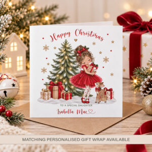 personalised Christmas card with girl in a sparkly red dress, reindeer and snowy Christmas tree
