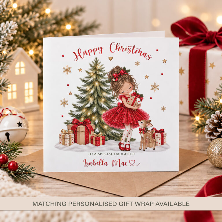 Personalised Girls Christmas Card – Red Dress & Reindeer