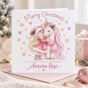 Personalised girls Christmas card featuring a little girl hugging a white unicorn with pink mane, gold snowflakes and festive hearts.