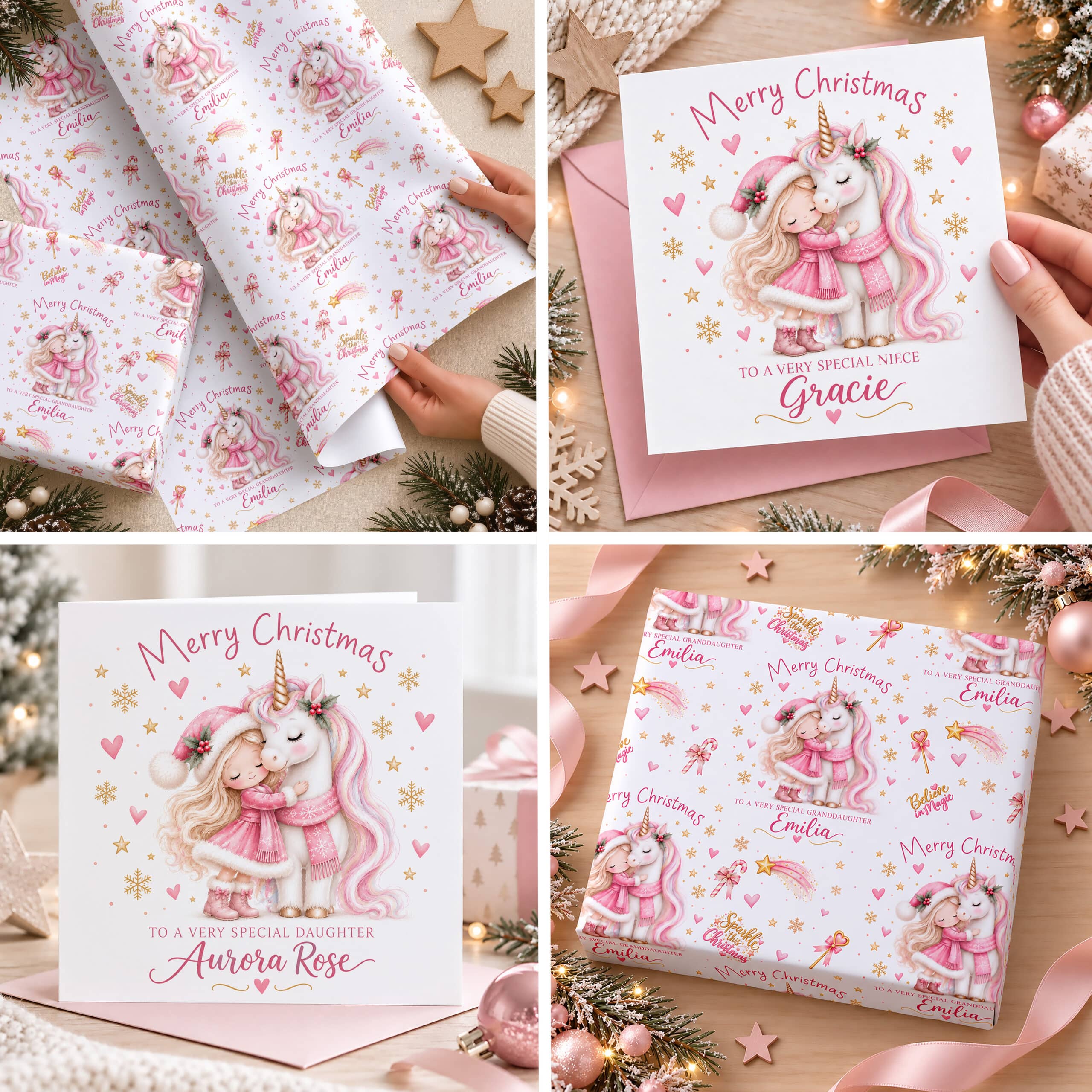 Personalised Girls Christmas Card and Gift Wrap with Pink UnicornPersonalised Girls Christmas Card with Pink Unicorn