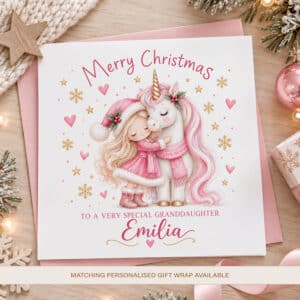Pink Unicorn Christmas Card for Granddaughter