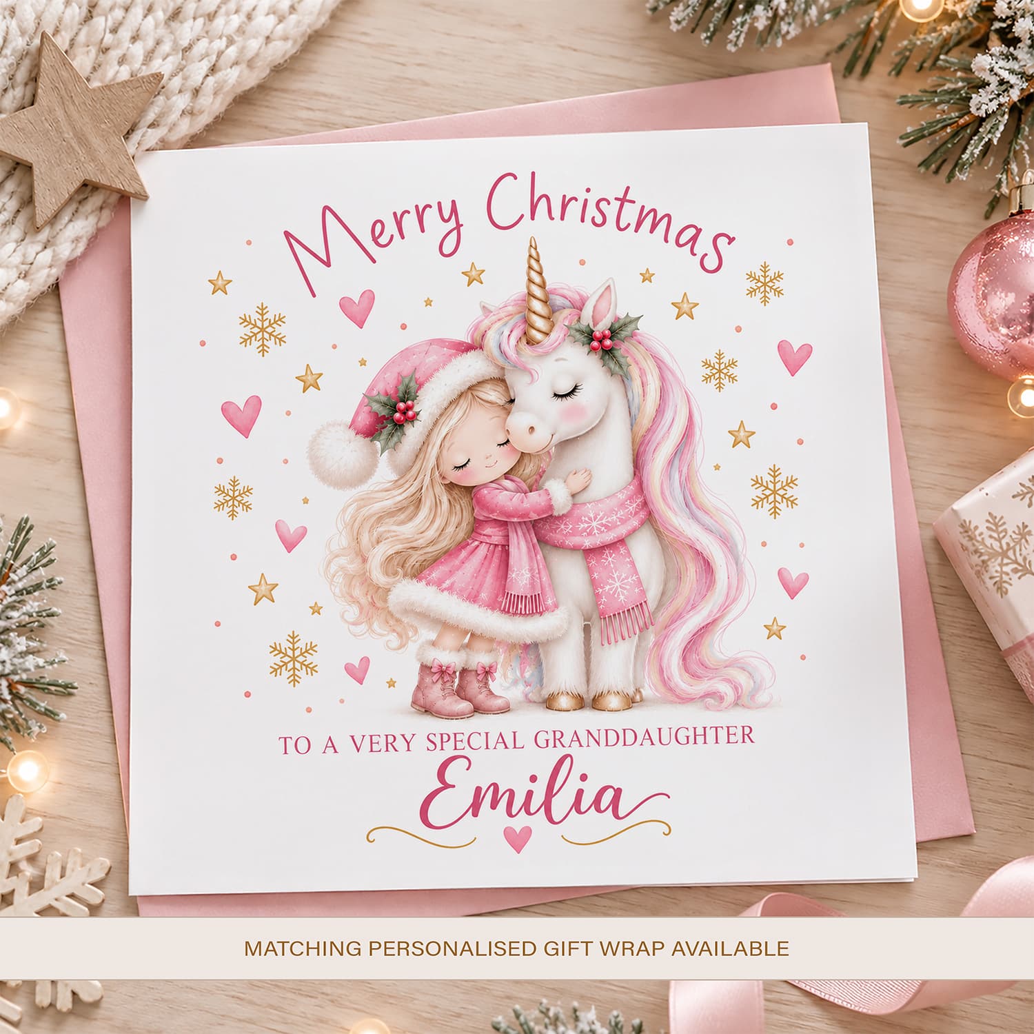 Pink Unicorn Christmas Card for Granddaughter