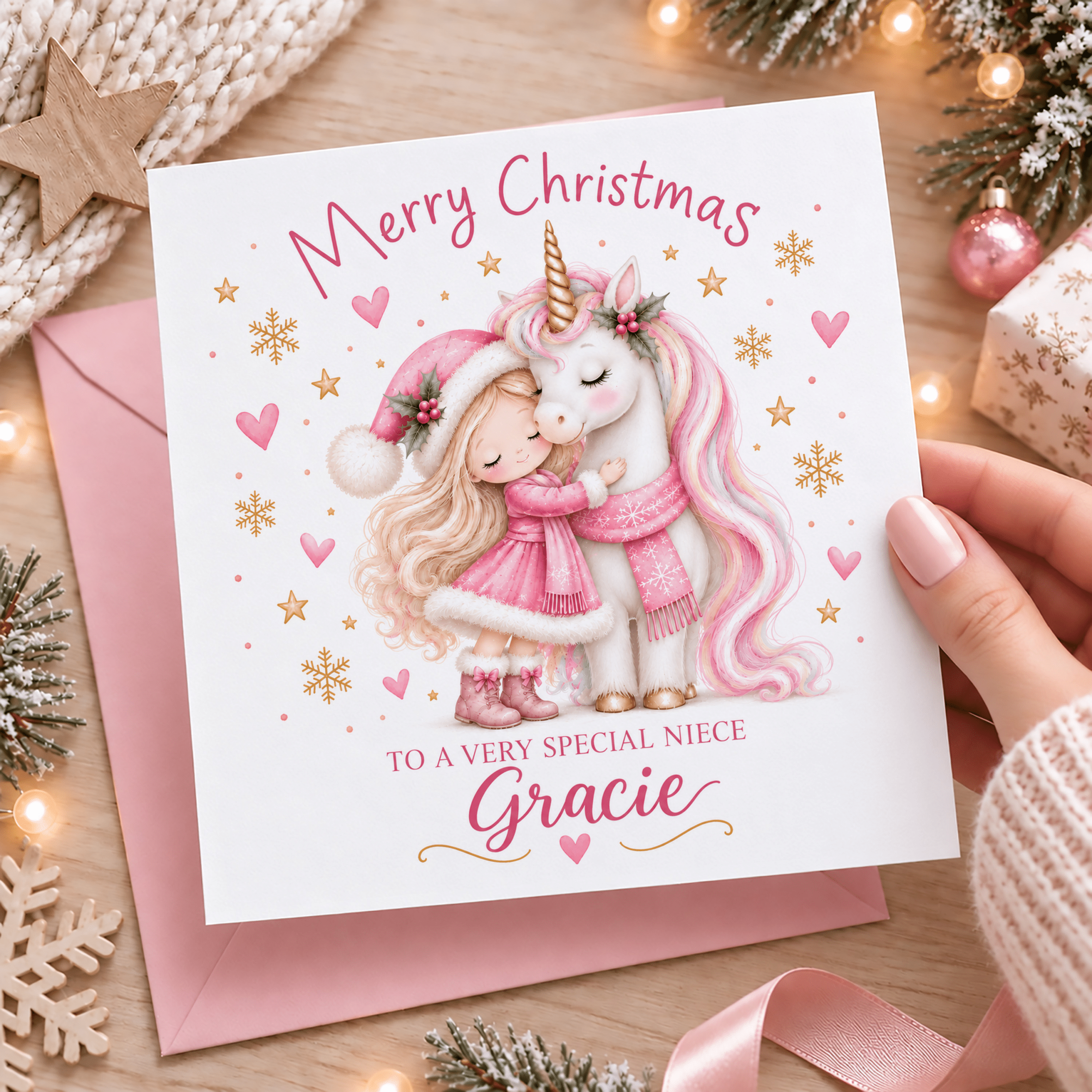 Pink Unicorn Christmas Card for Daughter