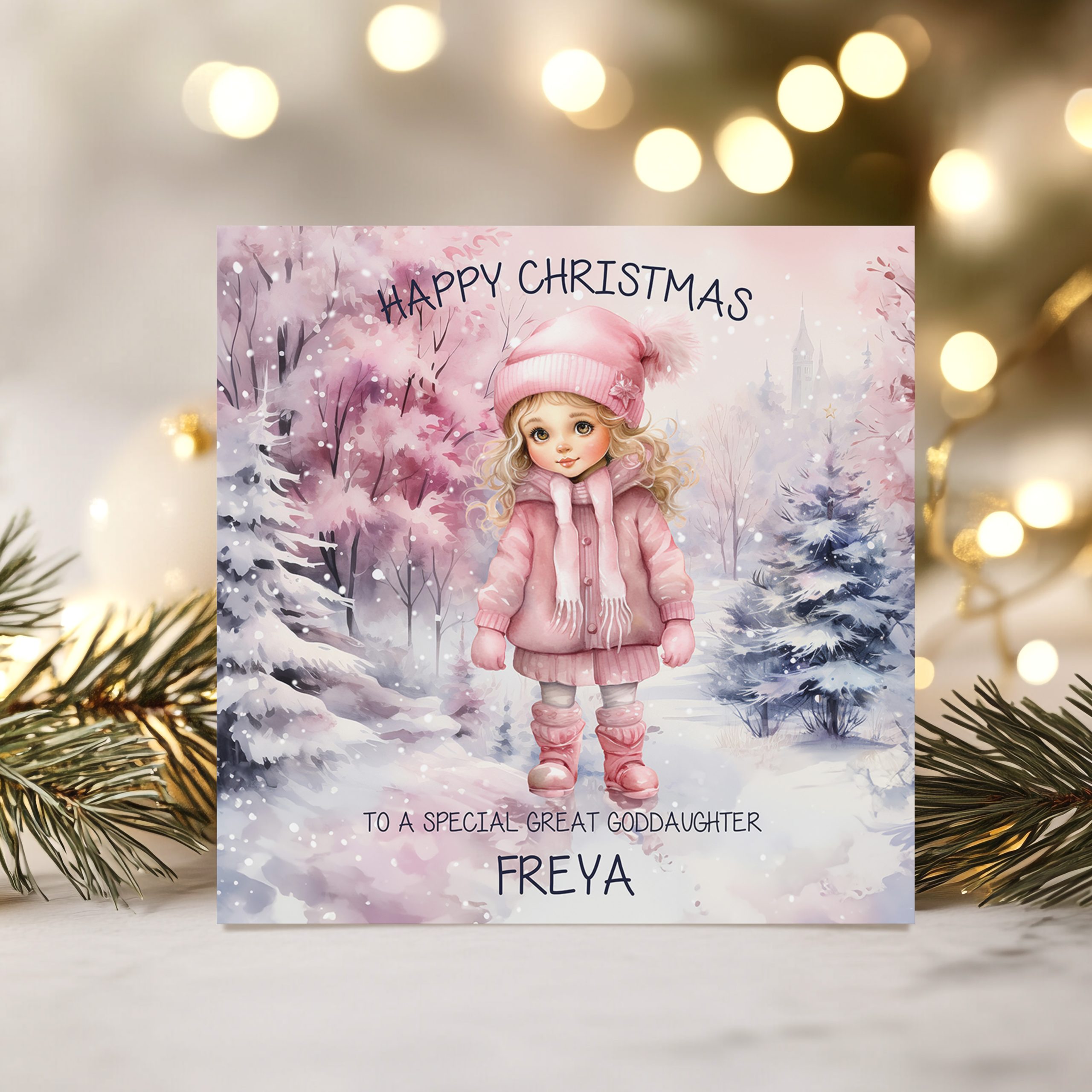 Personalised girls Christmas Card, with a young girl in a snow scene wearing a pink bobble hat and coat.