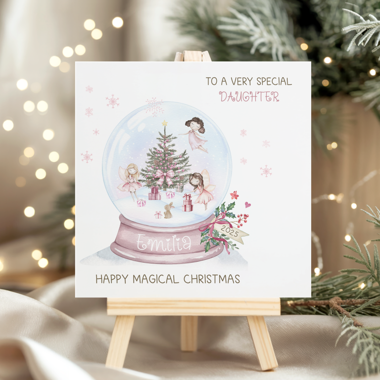 Girls Personalied Pink Snowglobe Christmas Card