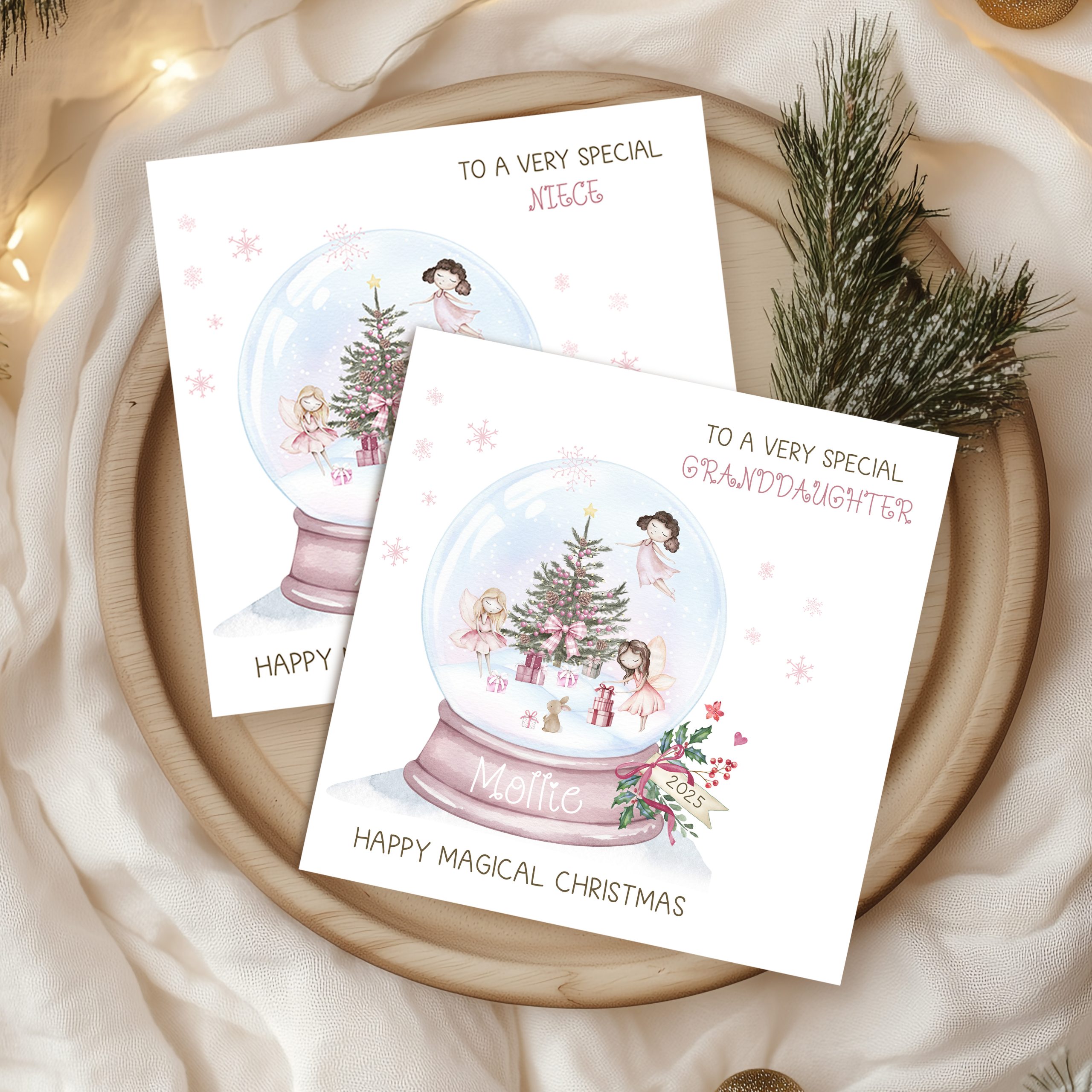 Girls Pink Personalised Fairy Snowglobe Card
