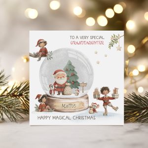 Personalisled Santa Claus & Elves Snowglobe Christmas Card