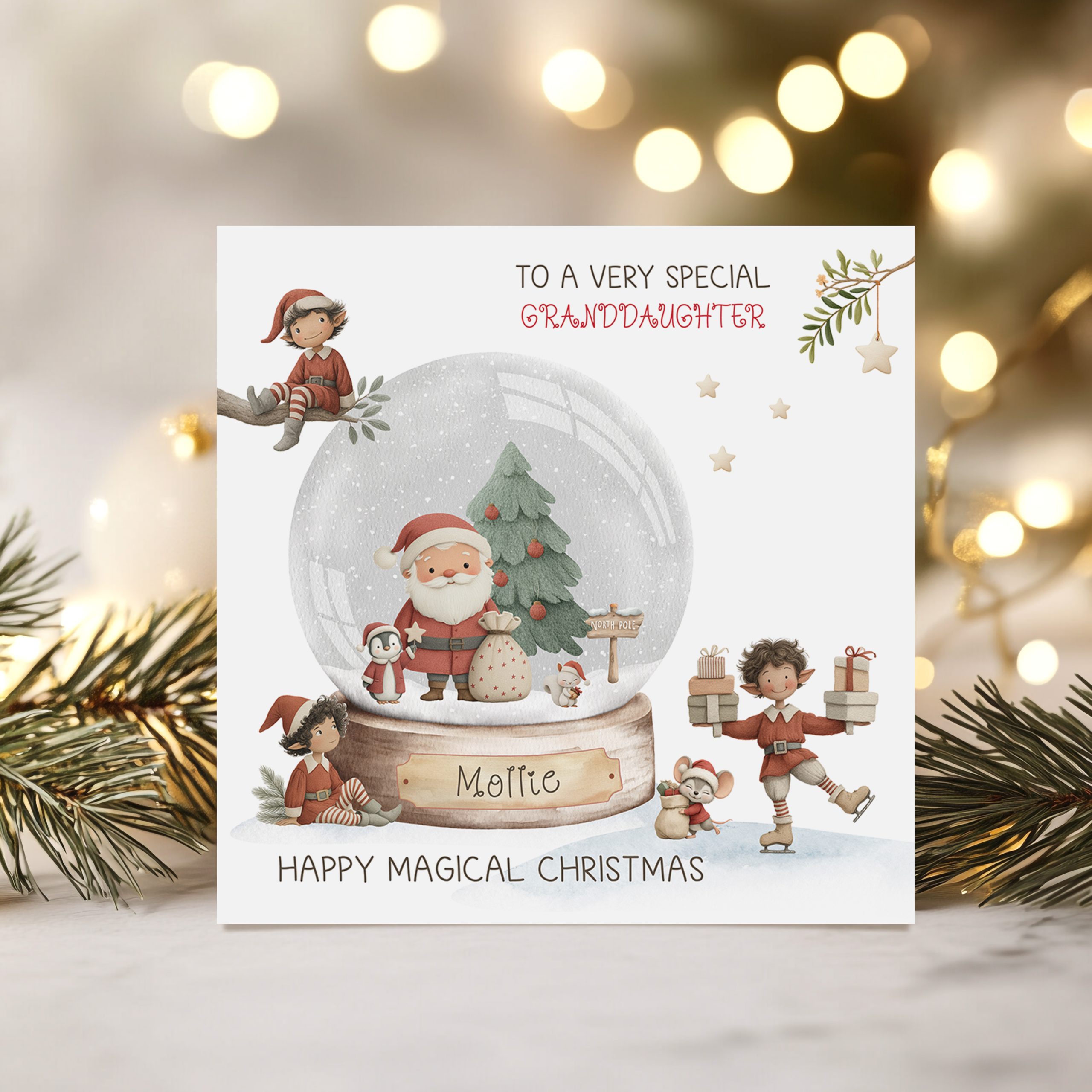 Personalisled Santa Claus & Elves Snowglobe Christmas Card