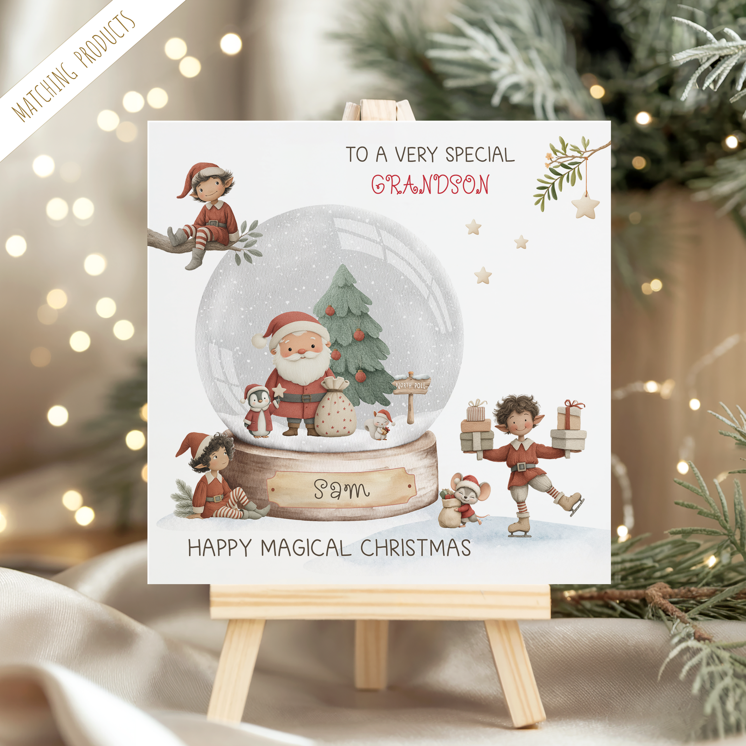 Personalisled Santa Claus & Elves Snowglobe Christmas Card