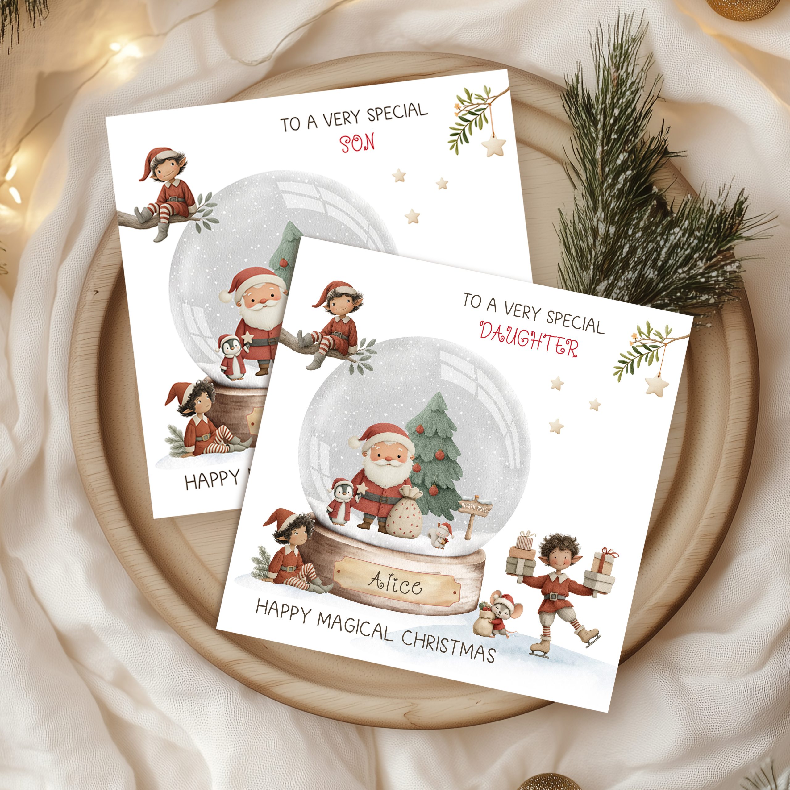 Personalisled Santa Claus & Elves Snowglobe Christmas Card