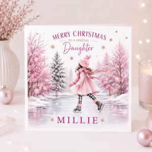 Pink Skating Girl Christmas Square Card