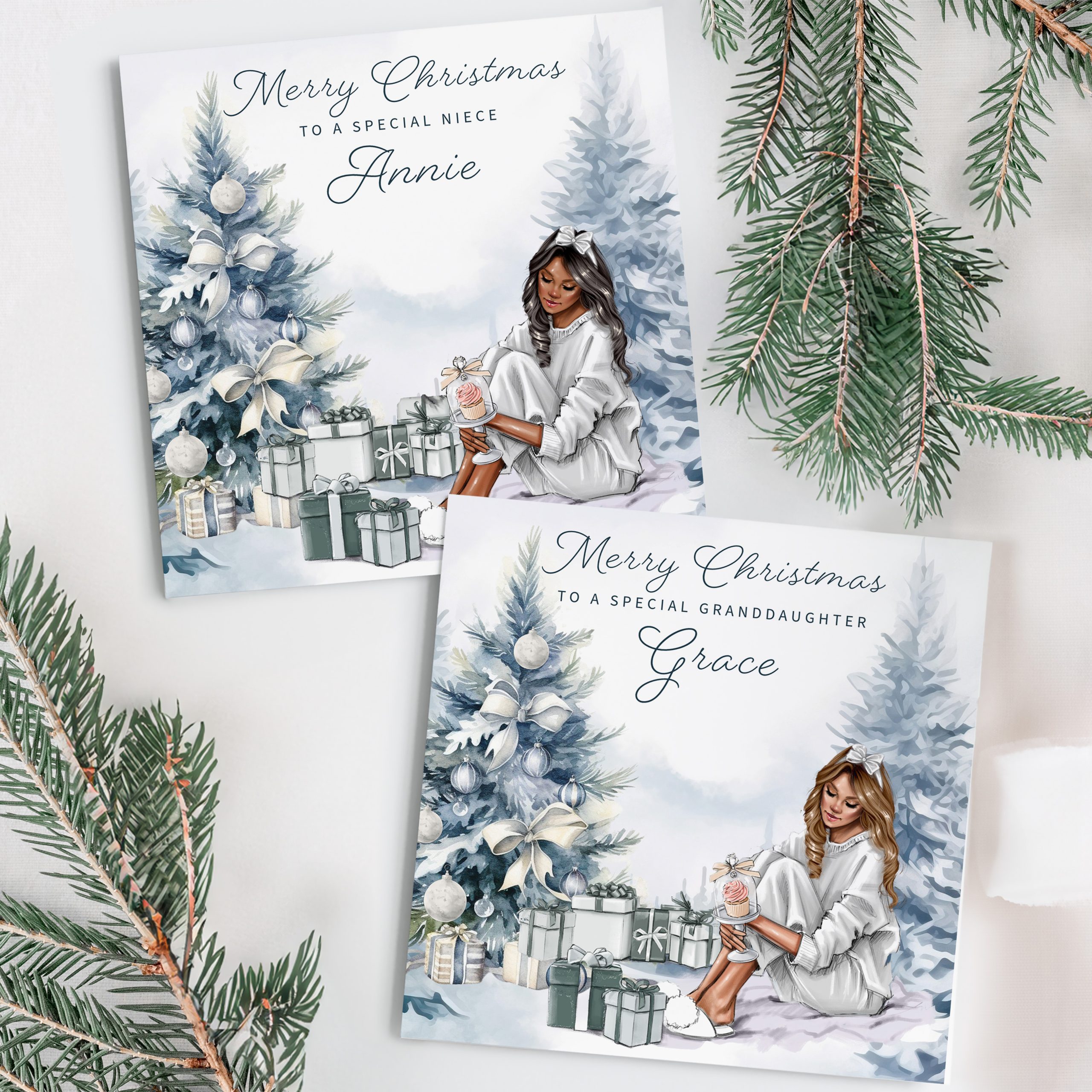 Personalised christmas card with young lady sitting by a Silver Blue Christmas tree with a pile of gifts beneath the tree.