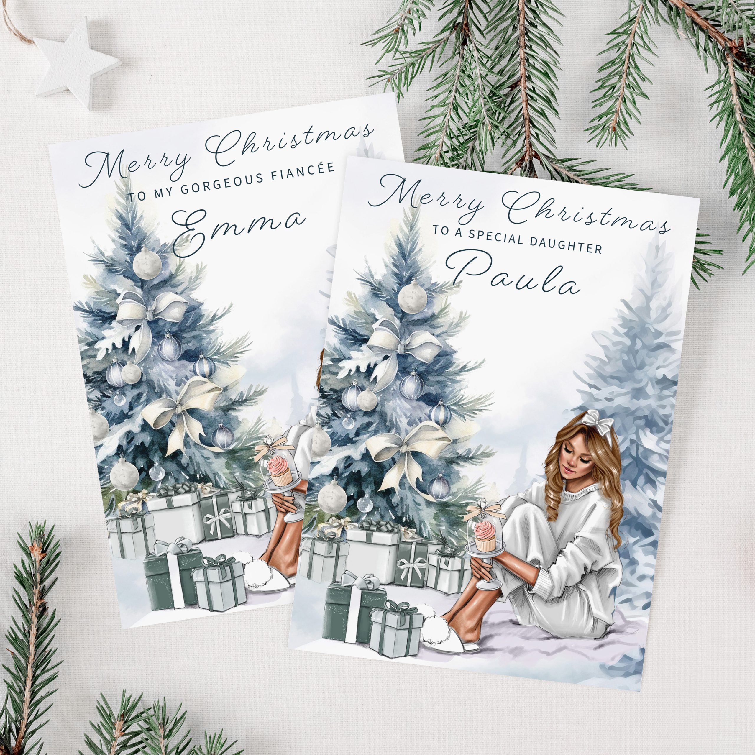 Personalised christmas card with young lady sitting by a Silver Blue Christmas tree with a pile of gifts beneath the tree.