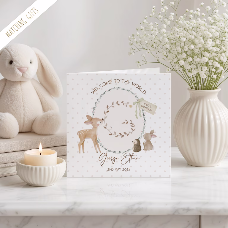 Handmade New Baby Card ‘Woodland Rabbit Alphabet’