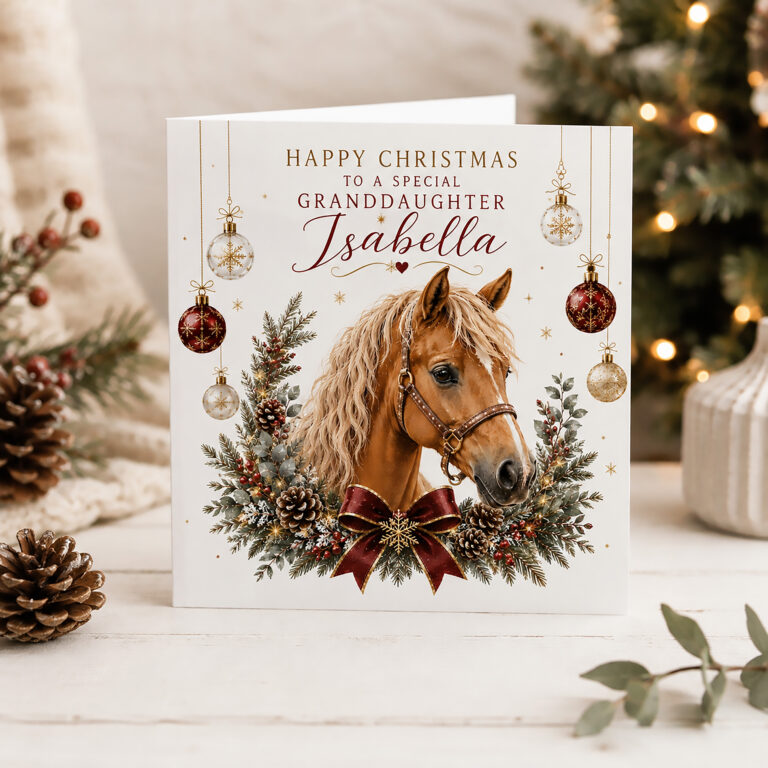 Personalised Brown Horse Christmas Card for Girls