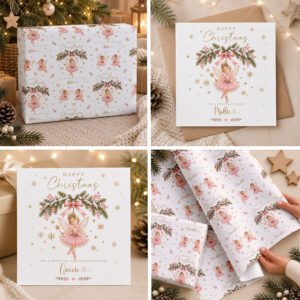 Girls personalised pink fairy Christmas gift wrap and card with custom name and festive snowflakes