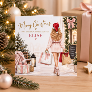 Personalised Christmas card with name and Christmas shopping design