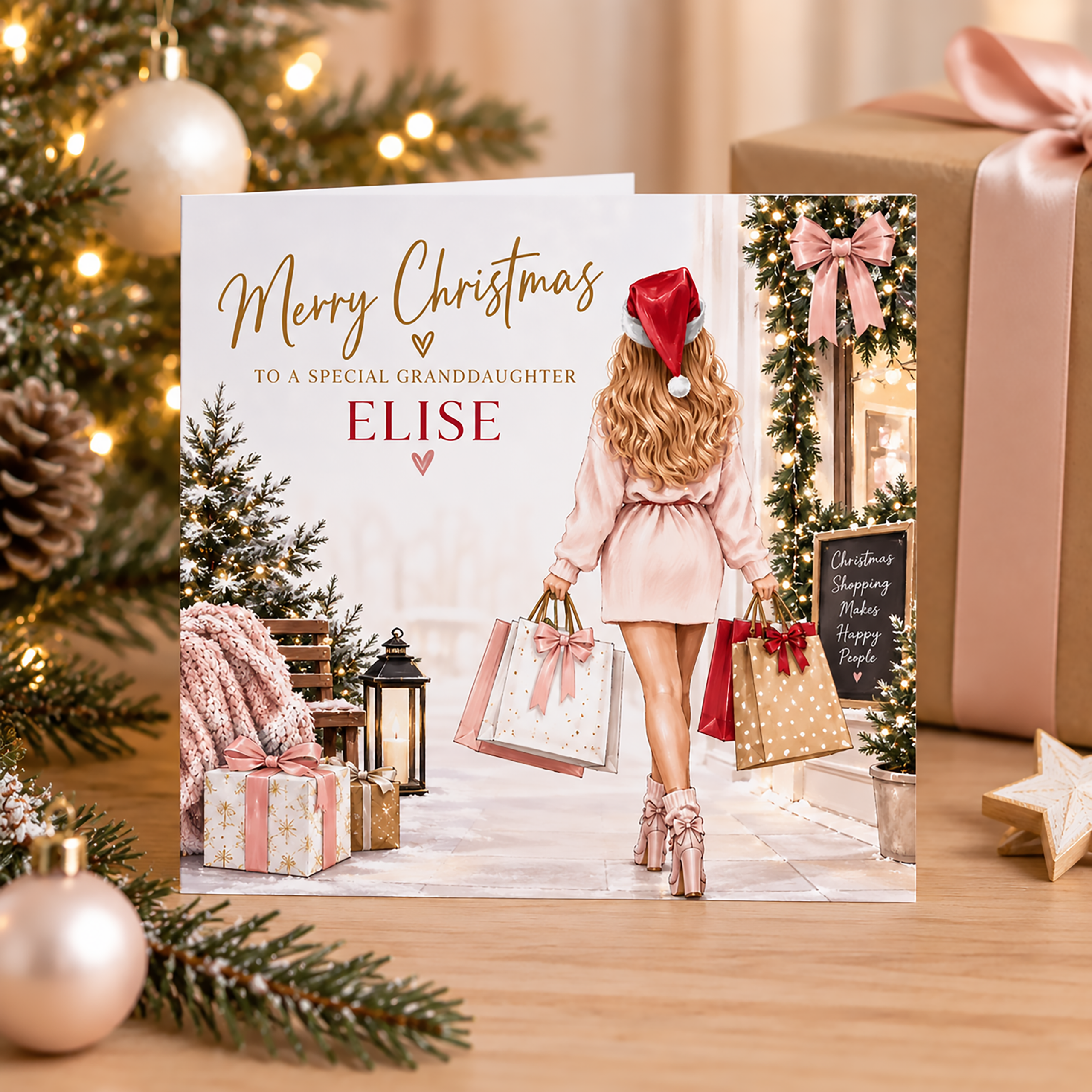 Personalised Christmas card with name and Christmas shopping design