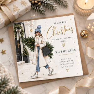 Modern personalised Christmas card with stylish winter girl illustration and custom wording