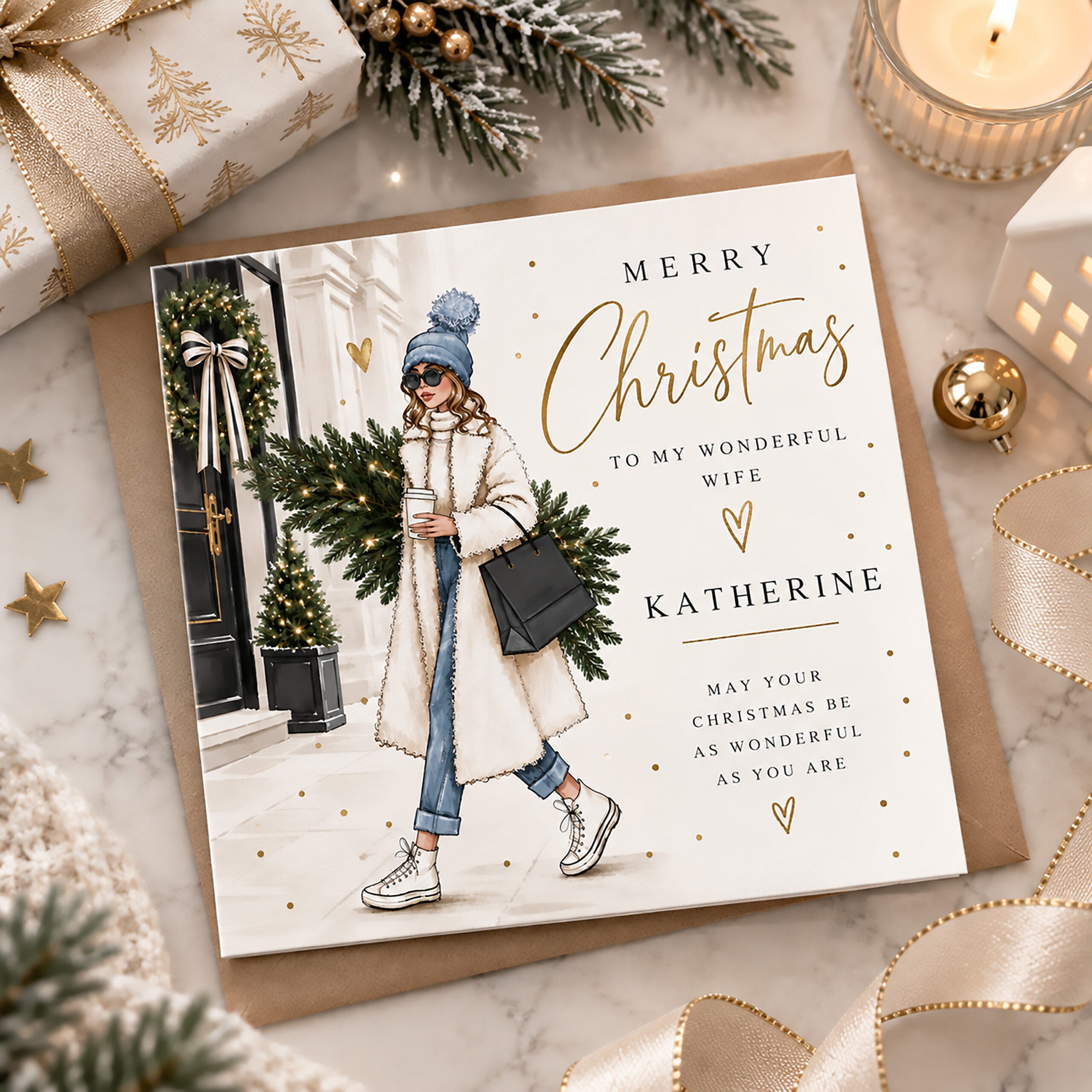 Modern personalised Christmas card with stylish winter girl illustration and custom wording