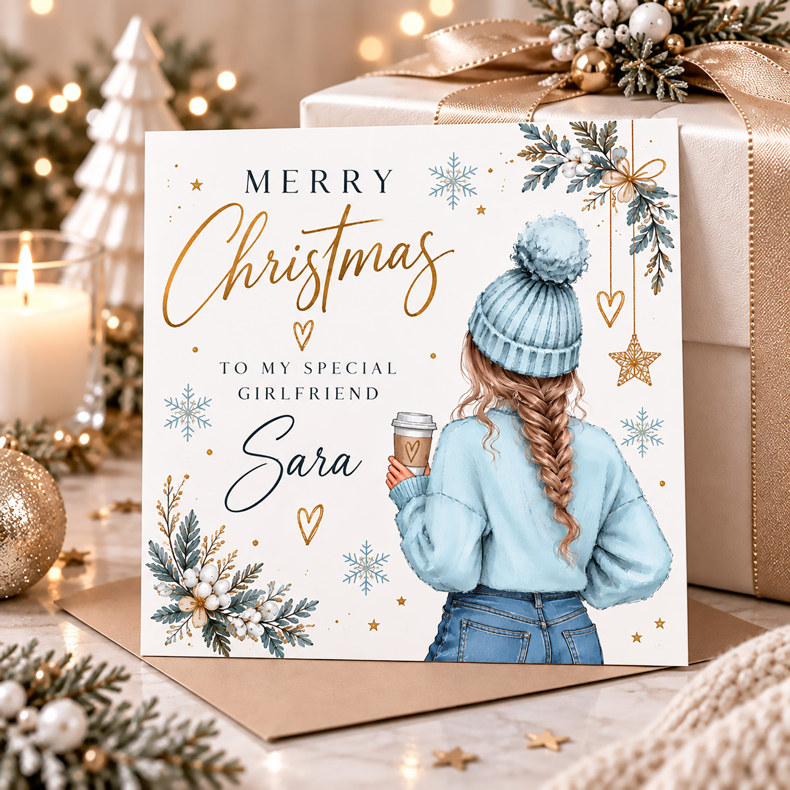 Personalised Christmas card for daughter with winter girl illustration