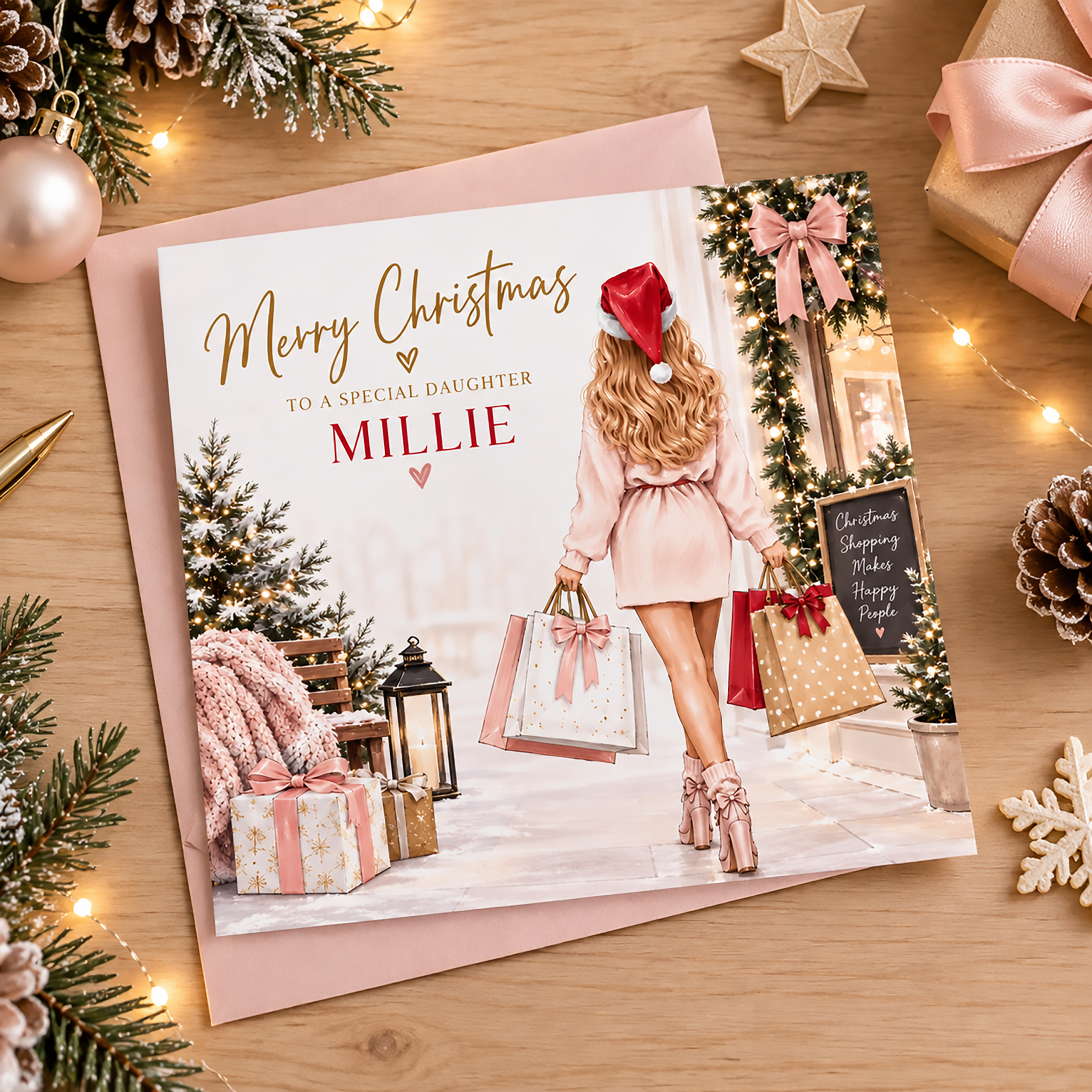 Personalised niece Christmas card with name and Christmas shopping design